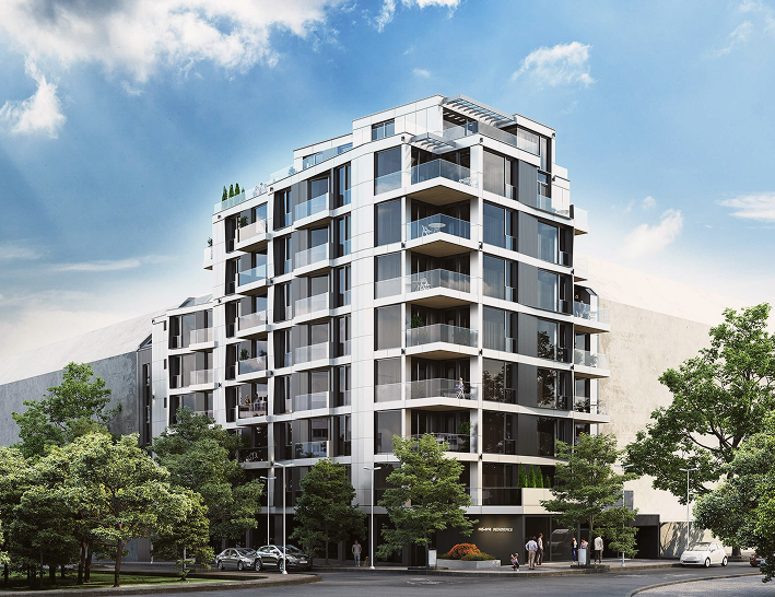 Intérieur moderne d'un petit appartement avec canapé jaune et cuisine ouverte