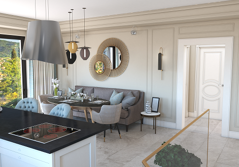 Salon moderne avec canapé beige et décoration élégante